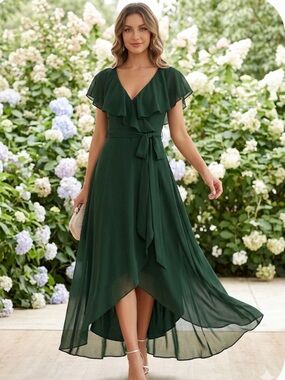 Elegant Baltic Born Dark Green Ruffle Wrap Midi Dress